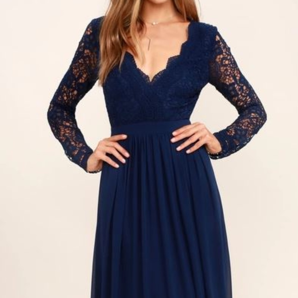 Blue lace long sleeve A-Line dress